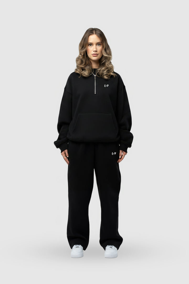 BASIC BLACK 1/4 ZIP-HOODIE