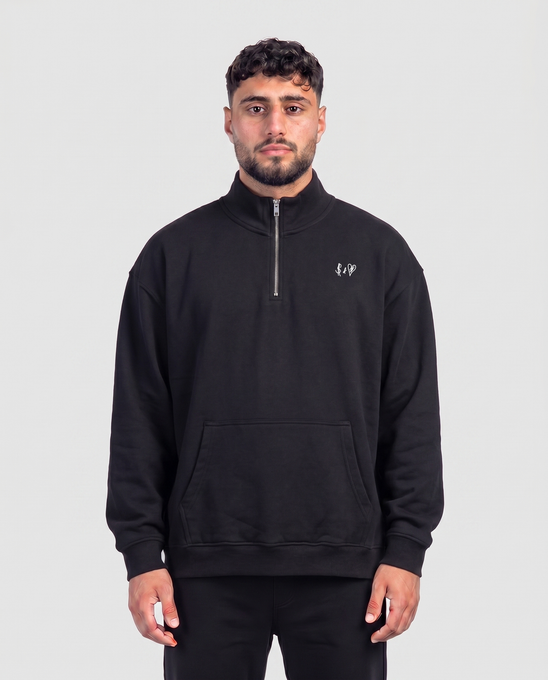 BASIC BLACK 1/4 ZIP-HOODIE