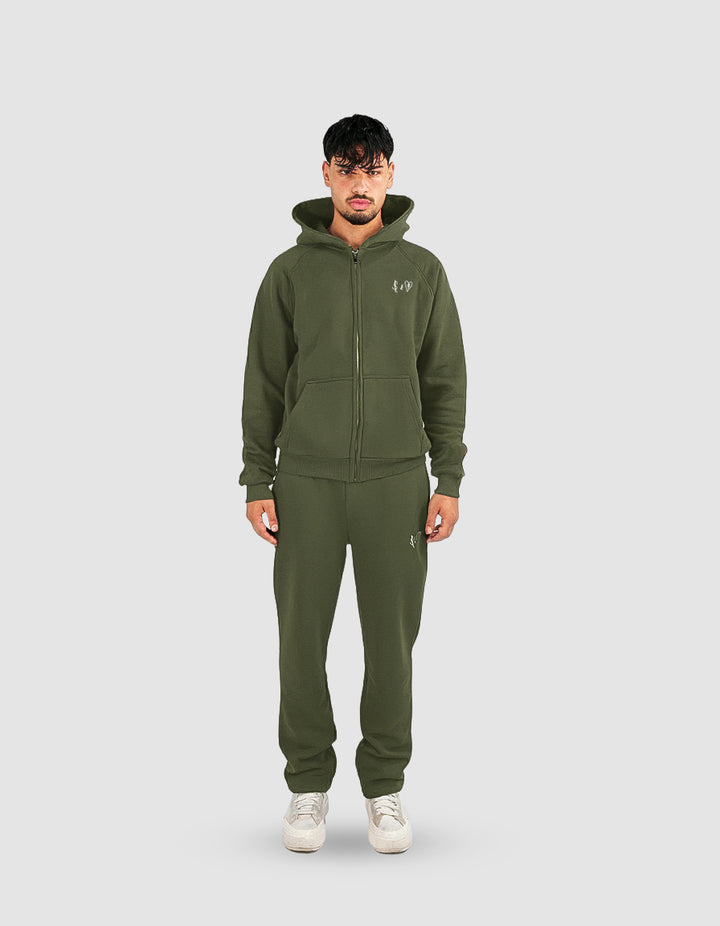 BASIC OLIVE GREEN TRACKSUIT WITH ZIP-HOODIE