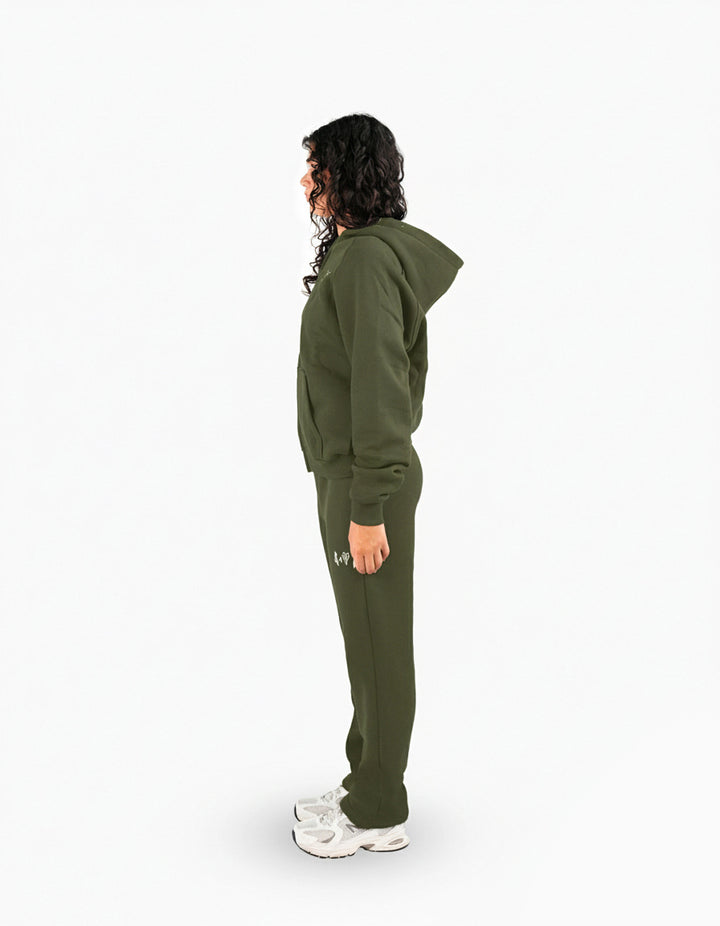 BASIC OLIVE GREEN TRACKSUIT WITH ZIP-HOODIE