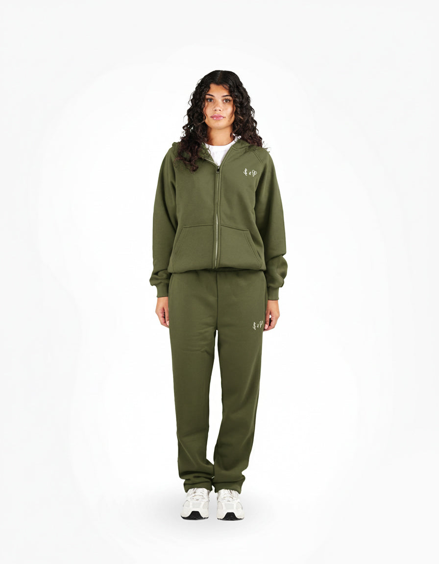 BASIC OLIVE GREEN TRACKSUIT WITH ZIP-HOODIE