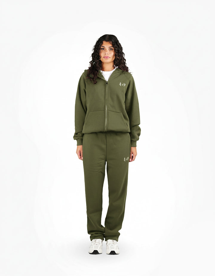 BASIC OLIVE GREEN TRACKSUIT WITH ZIP-HOODIE