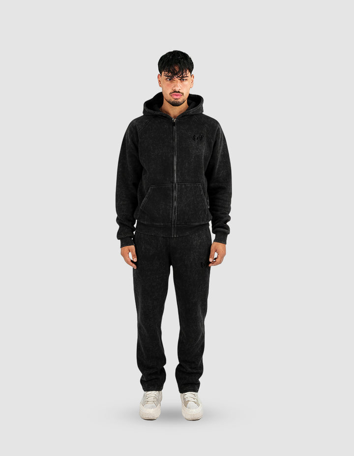BASIC WASHED BLACK TRACKSUIT WITH ZIP-HOODIE