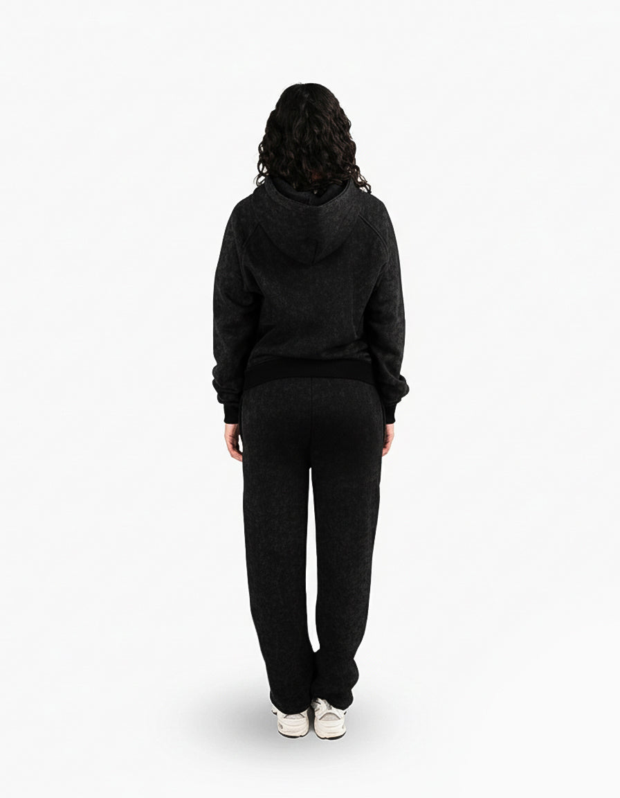 BASIC WASHED BLACK TRACKSUIT WITH ZIP-HOODIE