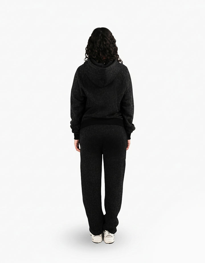 BASIC WASHED BLACK TRACKSUIT WITH ZIP-HOODIE