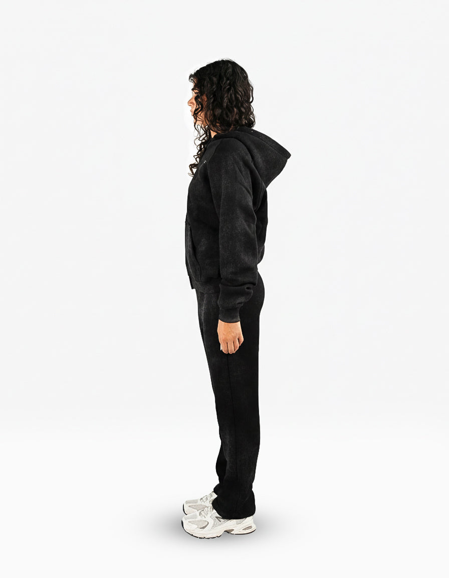 BASIC WASHED BLACK TRACKSUIT WITH ZIP-HOODIE