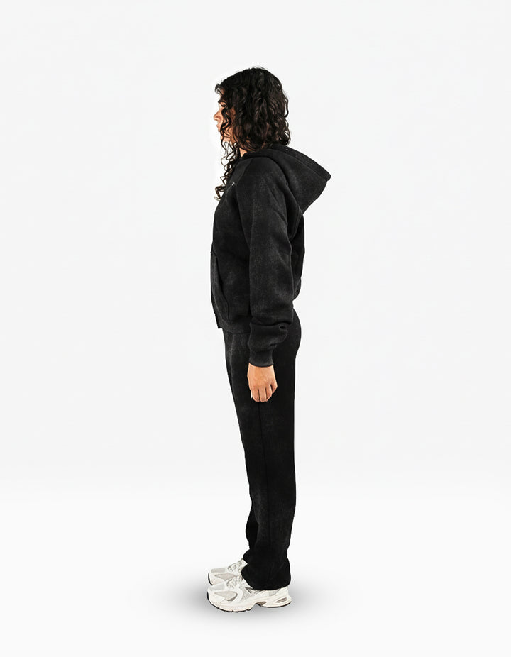 BASIC WASHED BLACK TRACKSUIT WITH ZIP-HOODIE