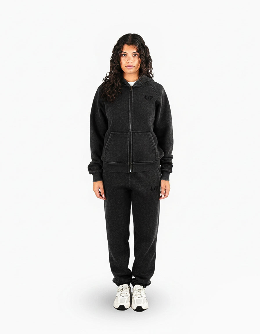 BASIC WASHED BLACK TRACKSUIT WITH ZIP-HOODIE