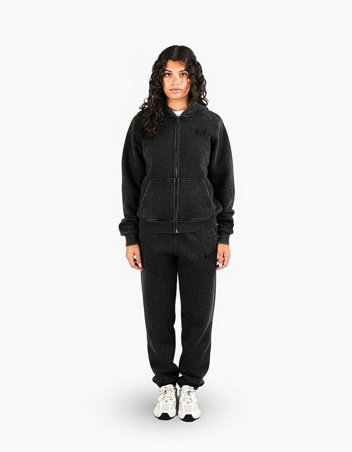 BASIC WASHED BLACK TRACKSUIT WITH ZIP-HOODIE
