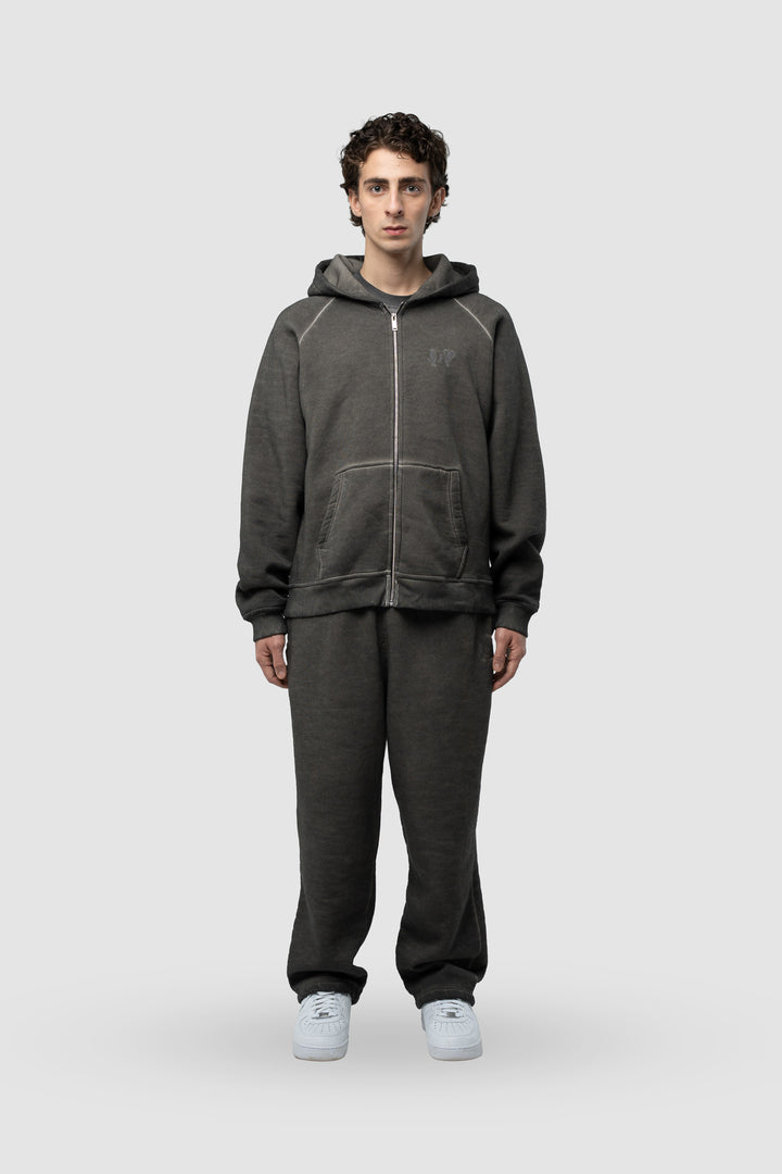BASIC WASHED BLACK TRACKSUIT WITH ZIP-HOODIE