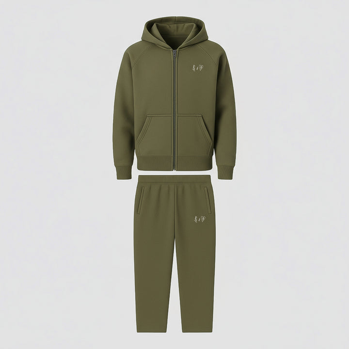 BASIC OLIVE GREEN TRACKSUIT WITH ZIP-HOODIE