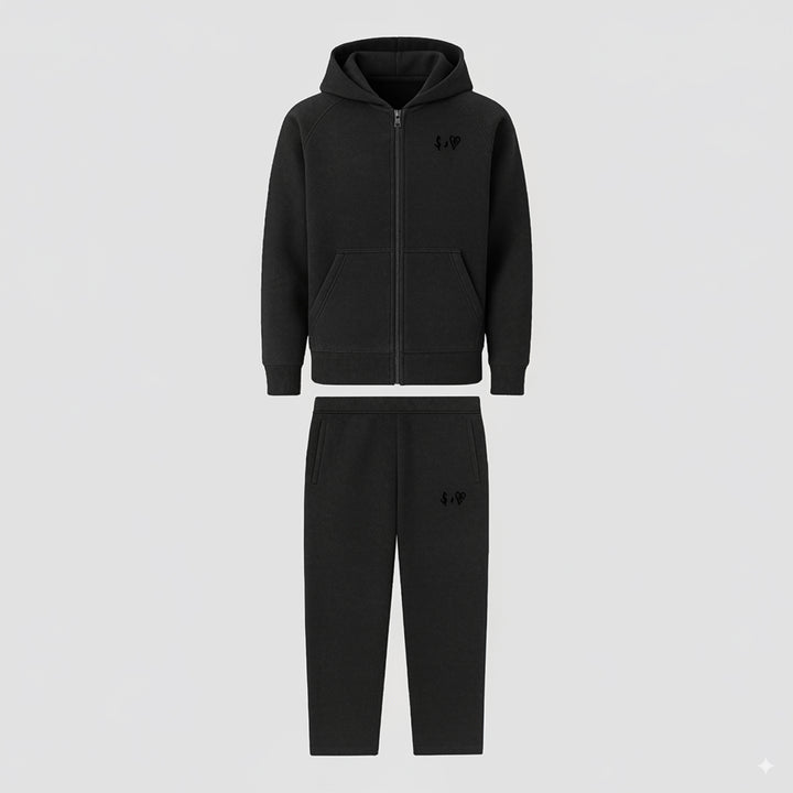 BASIC WASHED BLACK TRACKSUIT WITH ZIP-HOODIE