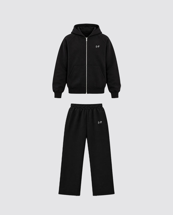 BASIC BLACK TRACKSUIT WITH ZIP-HOODIE