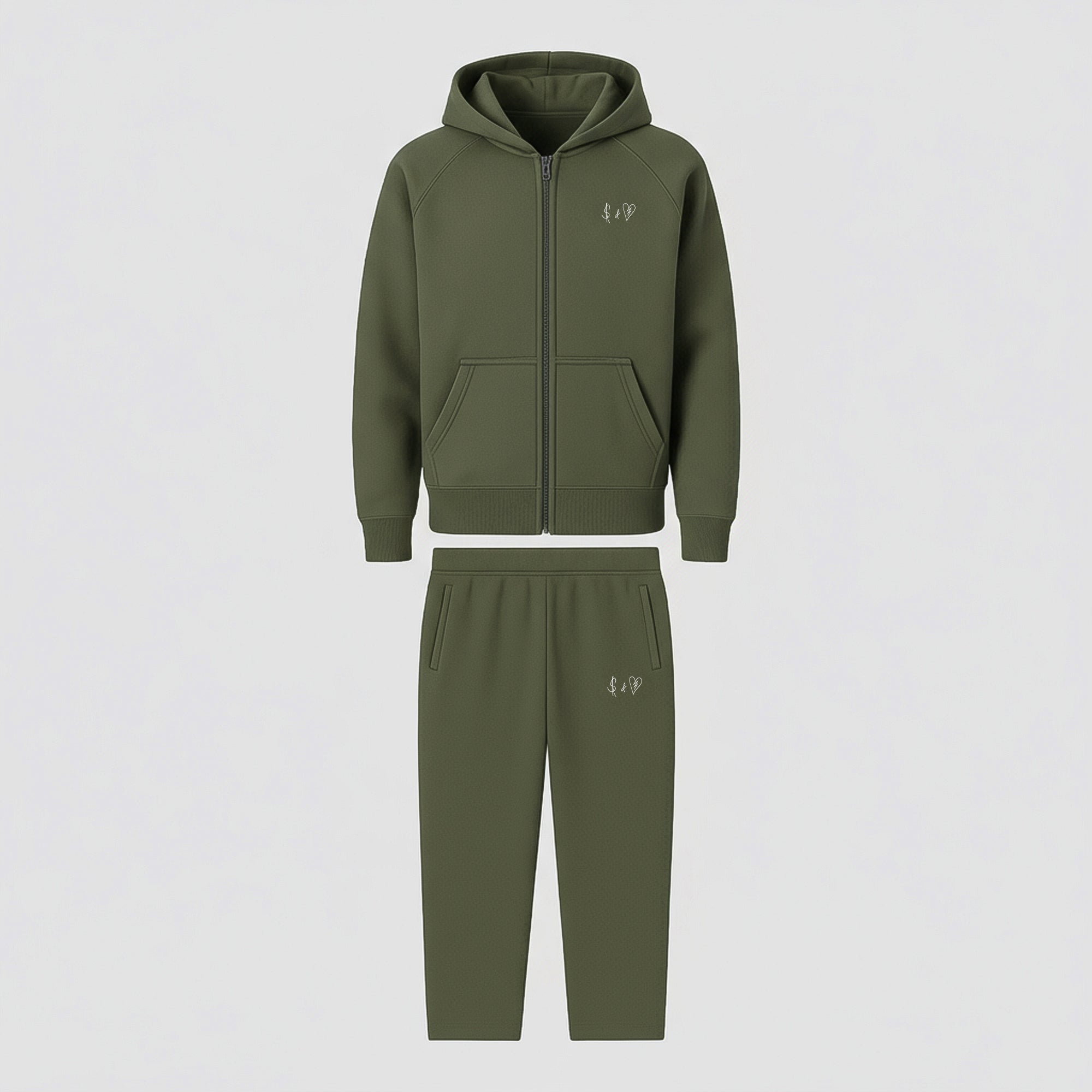 BASIC OLIVE GREEN TRACKSUIT WITH ZIP-HOODIE