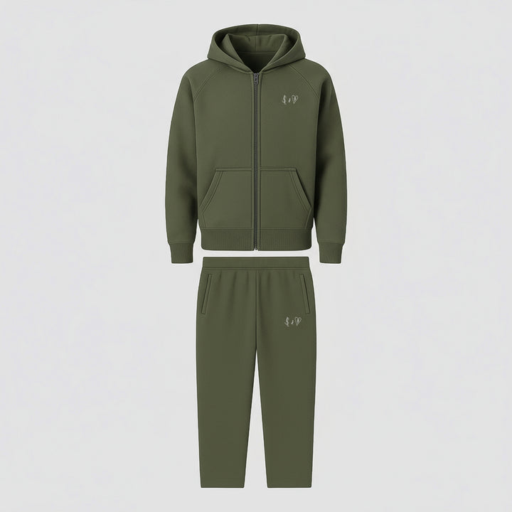 BASIC OLIVE GREEN TRACKSUIT WITH ZIP-HOODIE